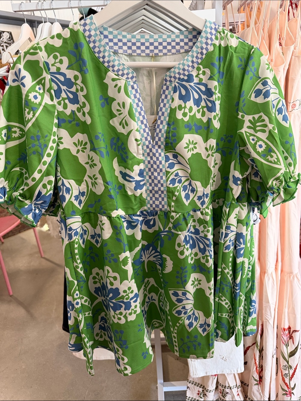 Green Floral Peasant Top with Blue Trim
